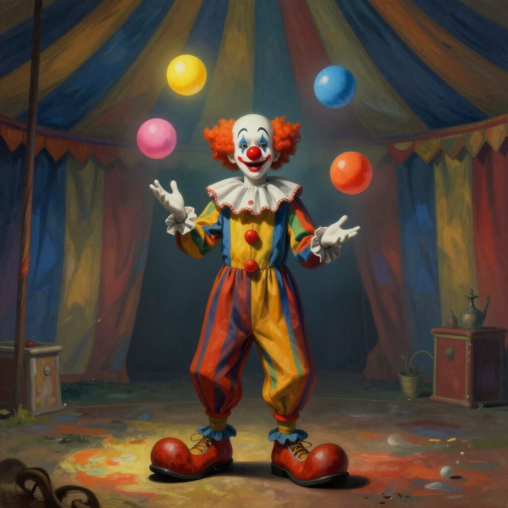 Whimsical Clown Juggling in Surreal Circus Tent