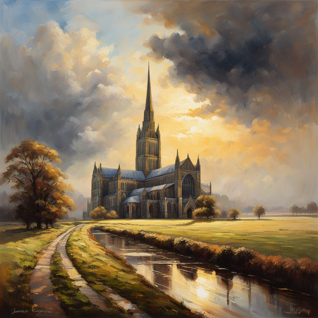 Salisbury Cathedral Oil Painting in James Gurney Style