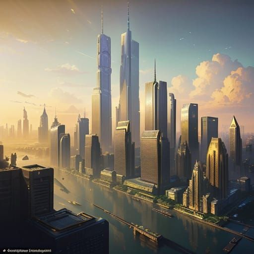 Futuristic Metropolis at Sunset in Photorealistic Style