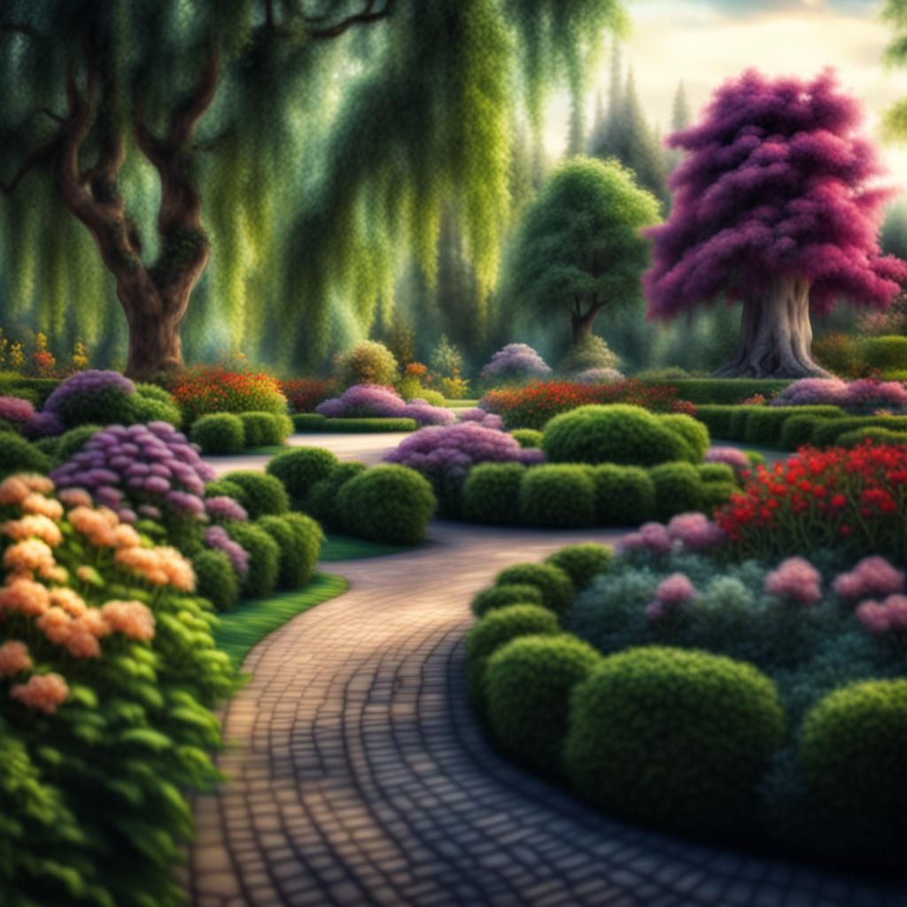 Hyperrealistic Paradise Garden with Flowers and Trees