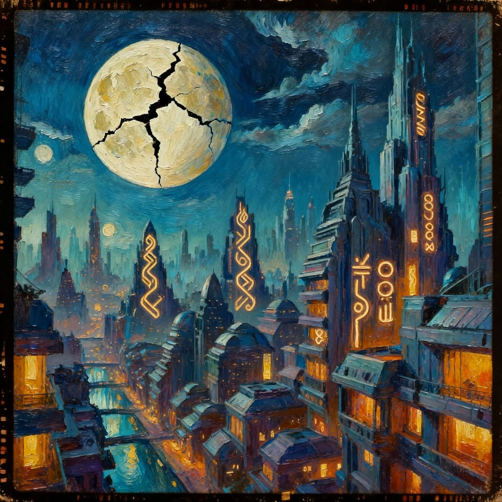 Futuristic Cityscape Under Cracked Moon
