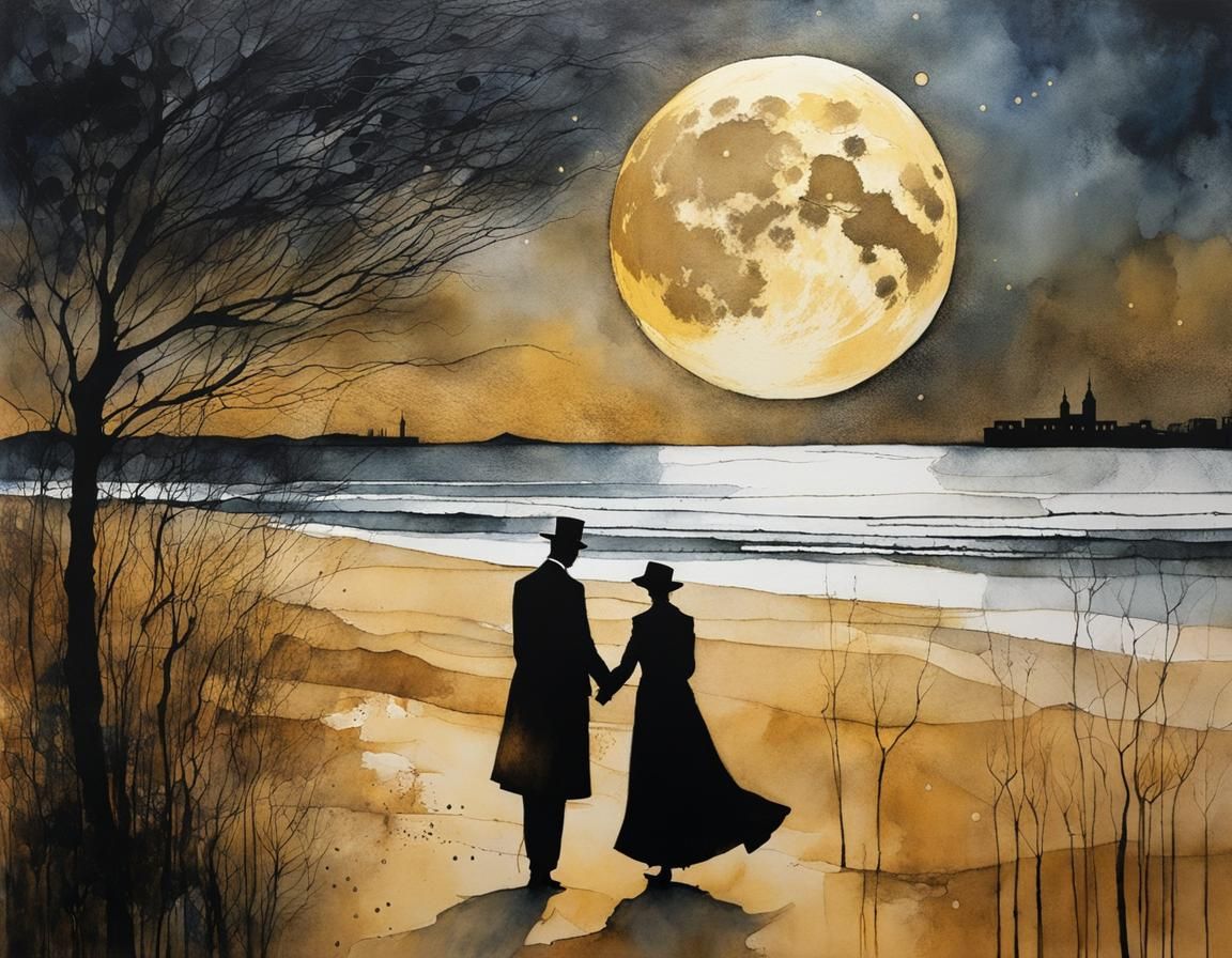 Magical Moonlight Dance Illustration in Cubist Style