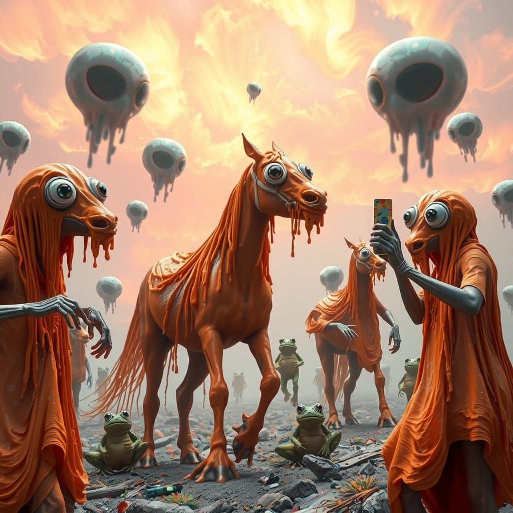 Surreal Alien Figures Gift Horses in Hyper-Detailed Scene