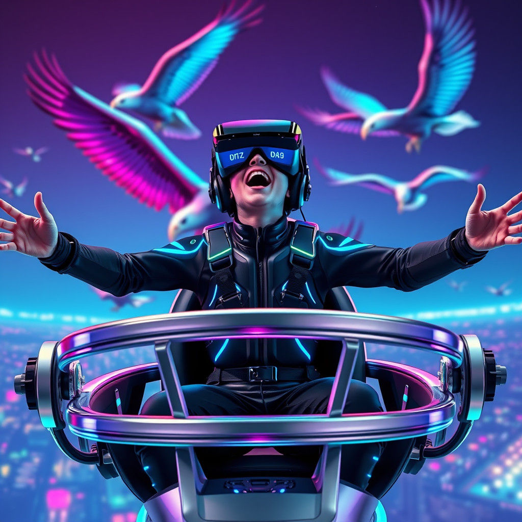 Cyberpunk Teenager Soaring in VR with Eagles