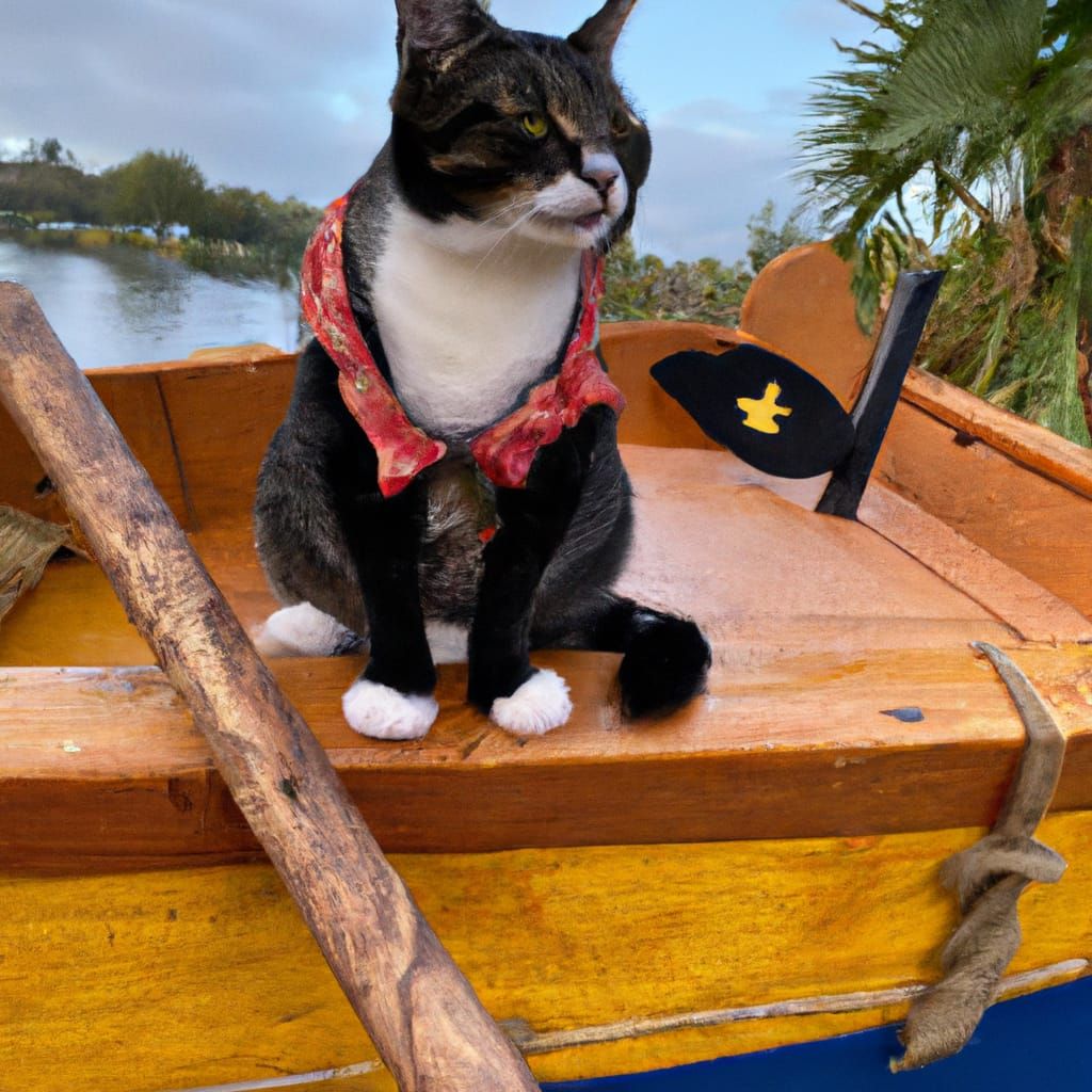 Pirate cat on little row boat