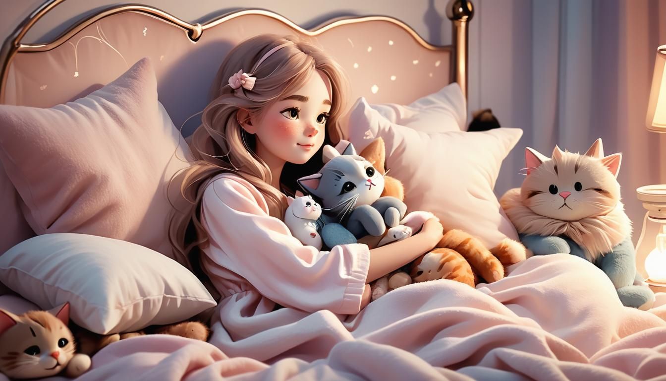 Cozy Bedtime Storybook Illustration of Girl with Cats