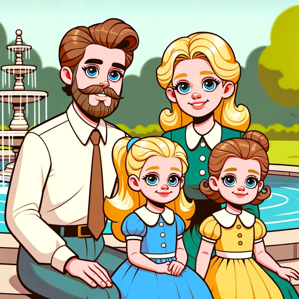 Cartoon Family by Fountain in Simpsons Style