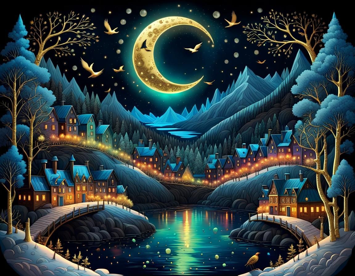 Crystal Moon Over Forest in Palekh Style