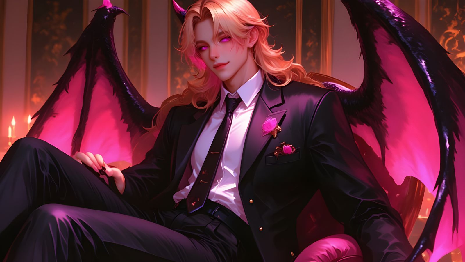 Gothic Demon Prince with Golden Hair and Pink Eyes