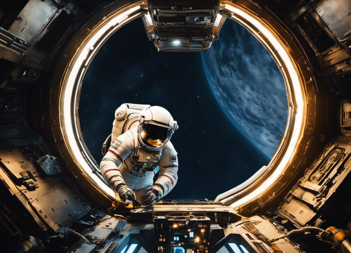 Engineer Repairs Spaceship During Spacewalk