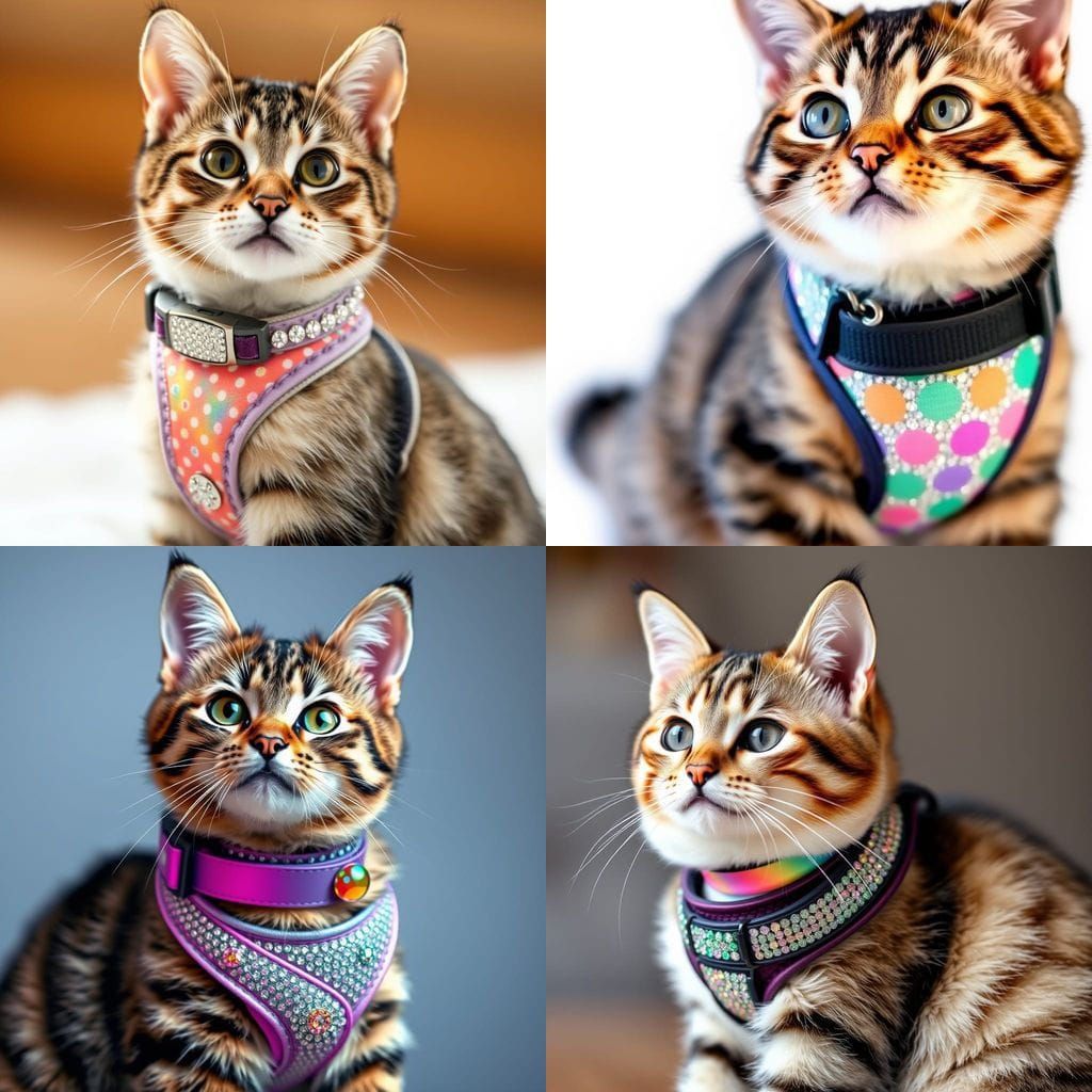 Adorable Tabby Cat with Rainbow Polkadot Harness