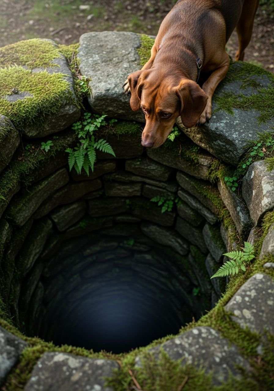 Dog Gazing into Infinite Deep Well