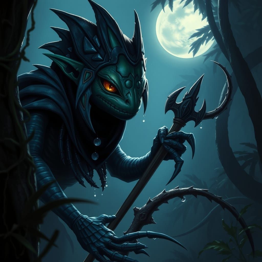 Mysterious Tribal Murloc Assassin in a Moonlit Jungle