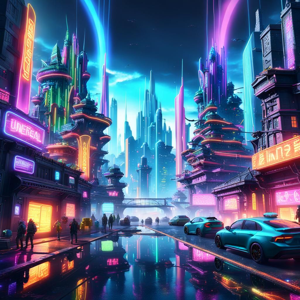 Neon Rainbow City: Detailed Matte Painting