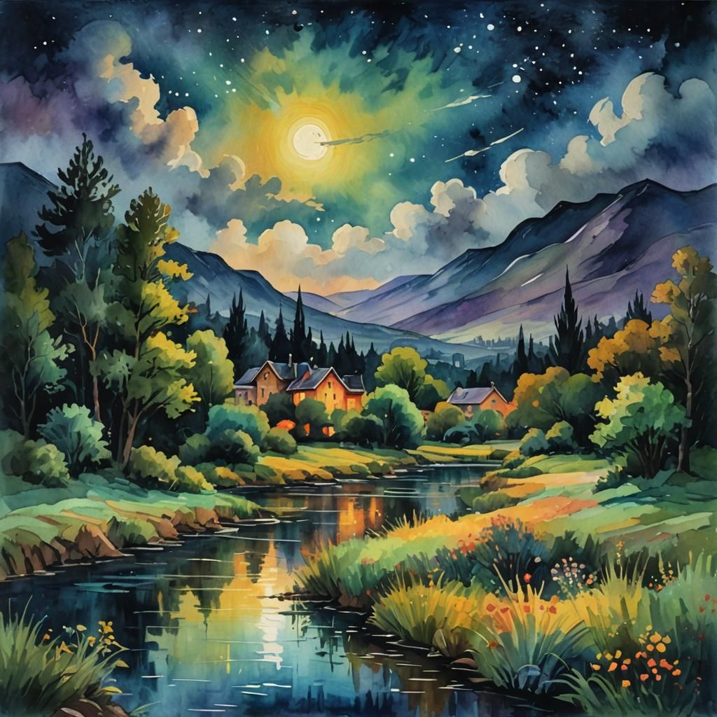 Night Landscape in Gouache Style Impressionist Painting