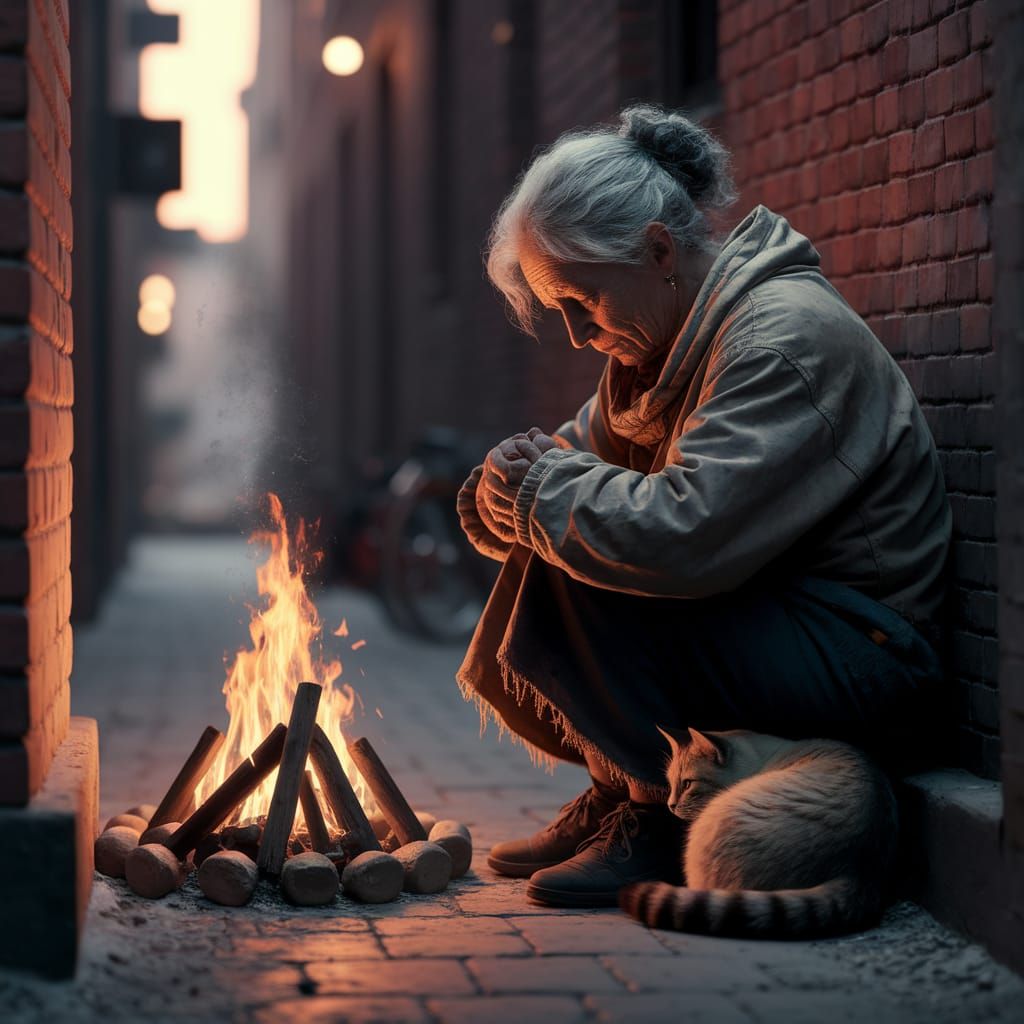 Homeless Woman and Cat Seek Warmth by Campfire