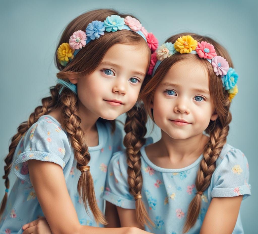 Young Twin Girls with Braids and Hair Clips in Casual Attire