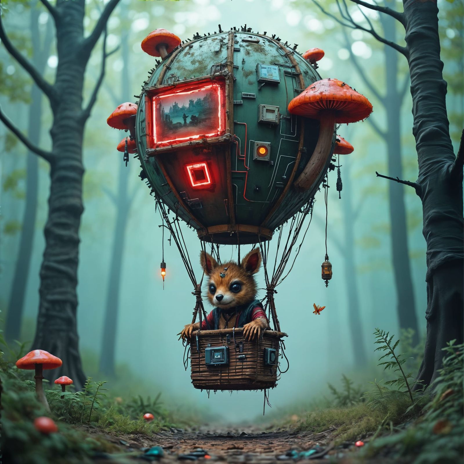 🦊🎈 "Forest pilot lifts off – between moss and microchips." 🌲💡