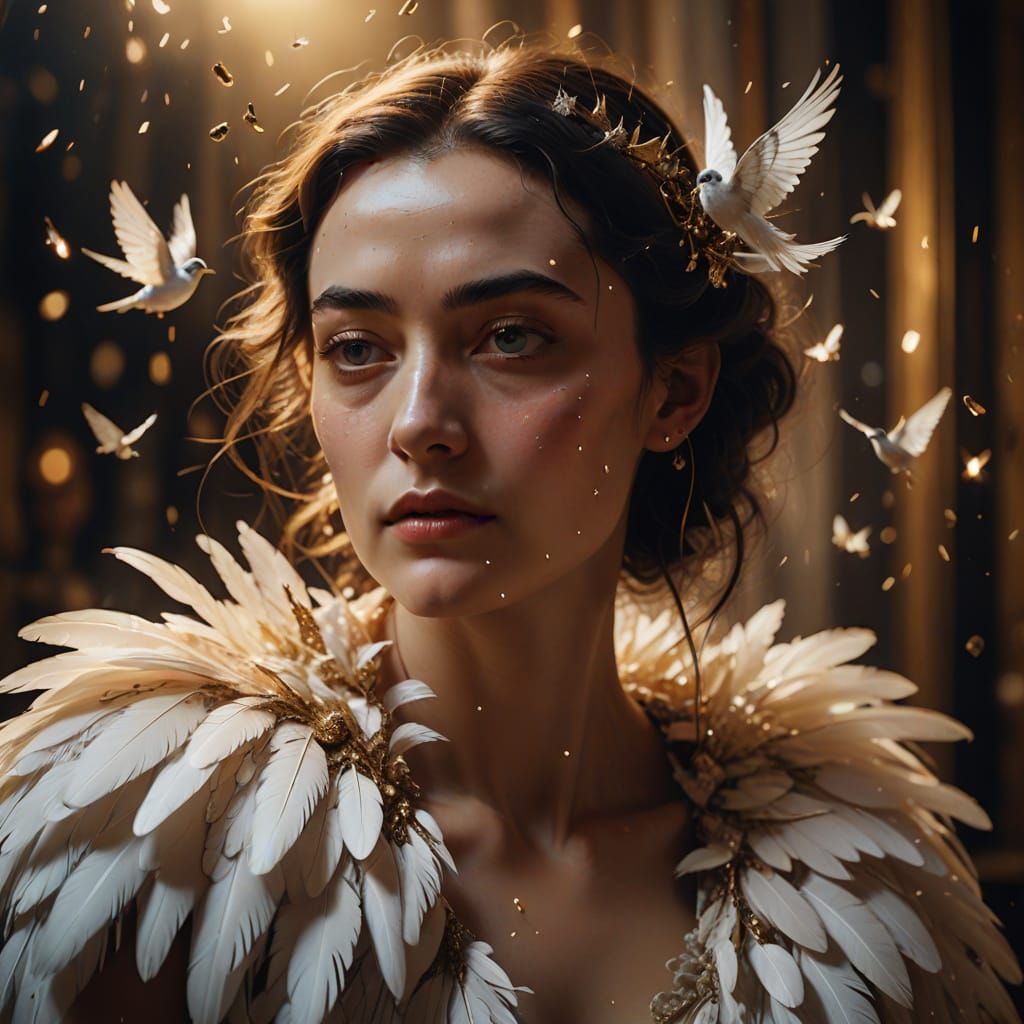 Gentle Angel in Soft Focus, Cradling a Head with Delicate Wi...