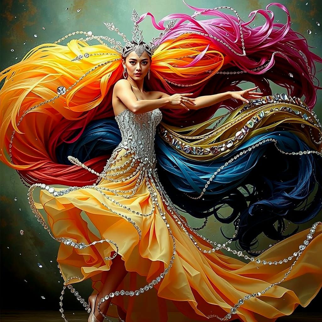 Glamorous Dancer in Haute Couture with Shimmering Hair