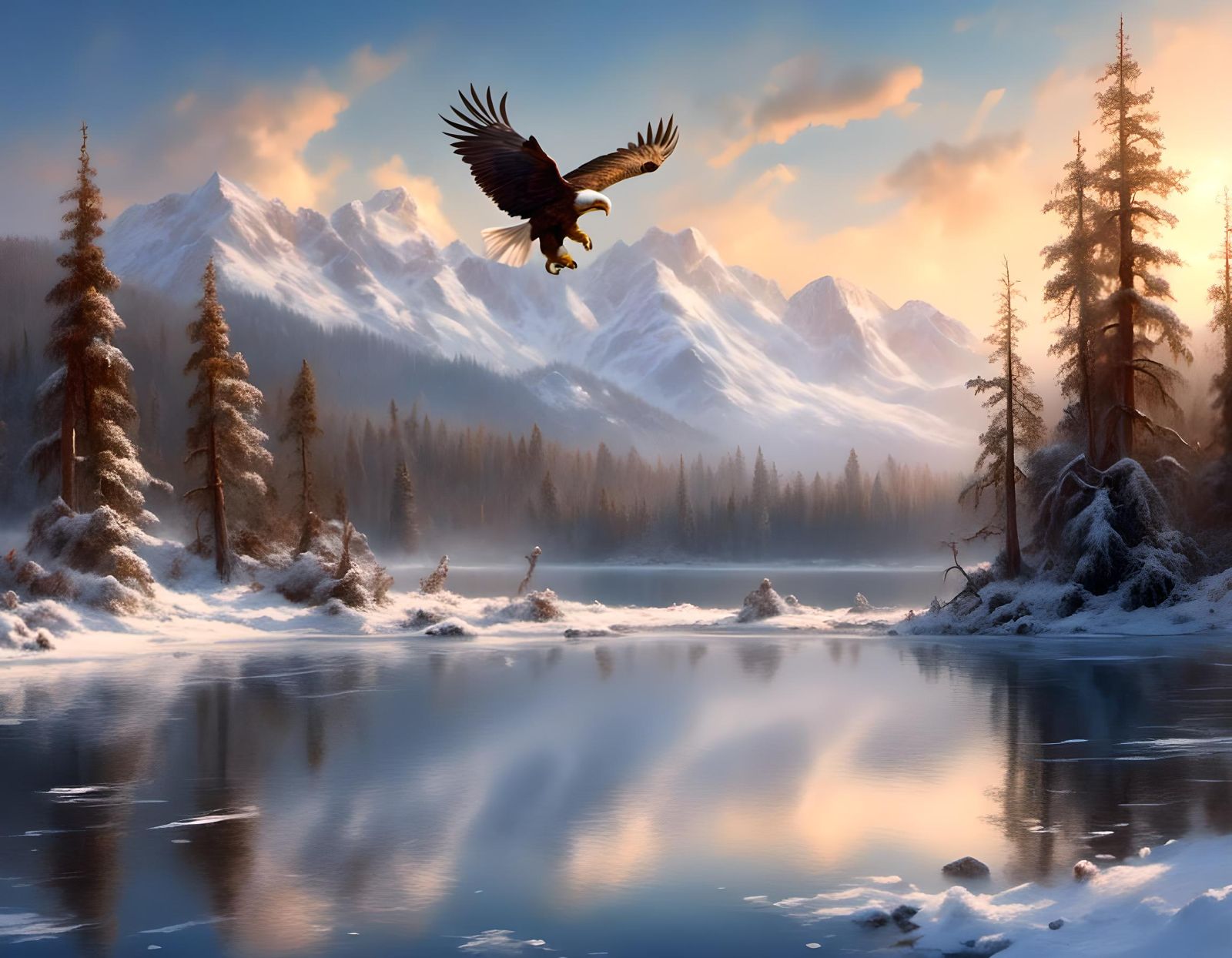 Eagle Soaring Over Winter Lake Tahoe