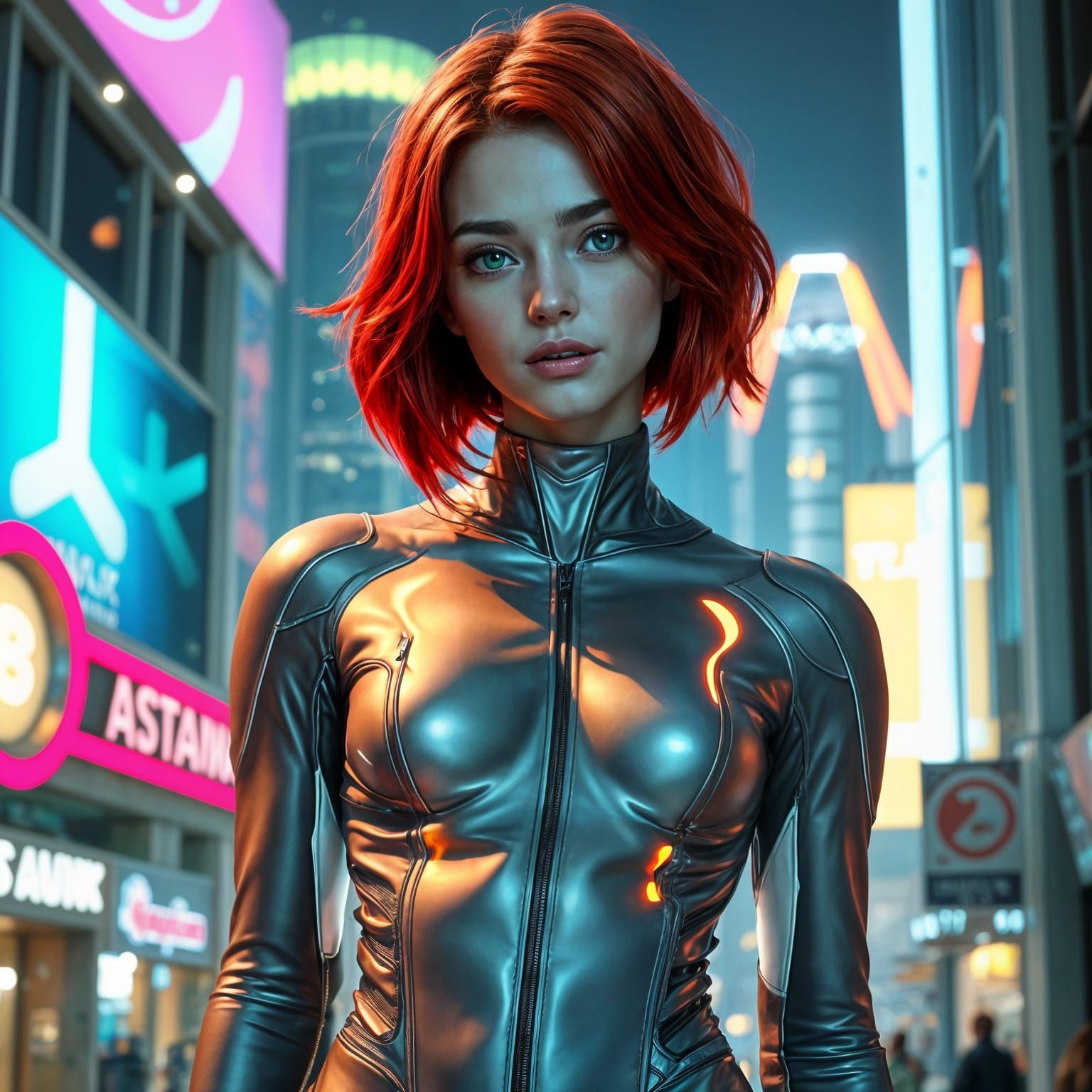 Futuristic Woman in Neon Cityscape: Digital Art