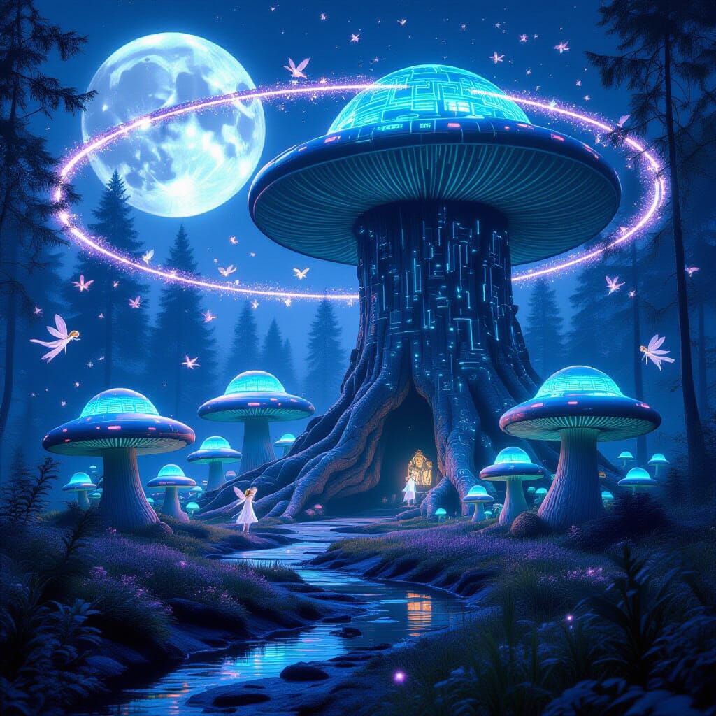 Techno-Fairy Mushroom Ring in Neon Forest