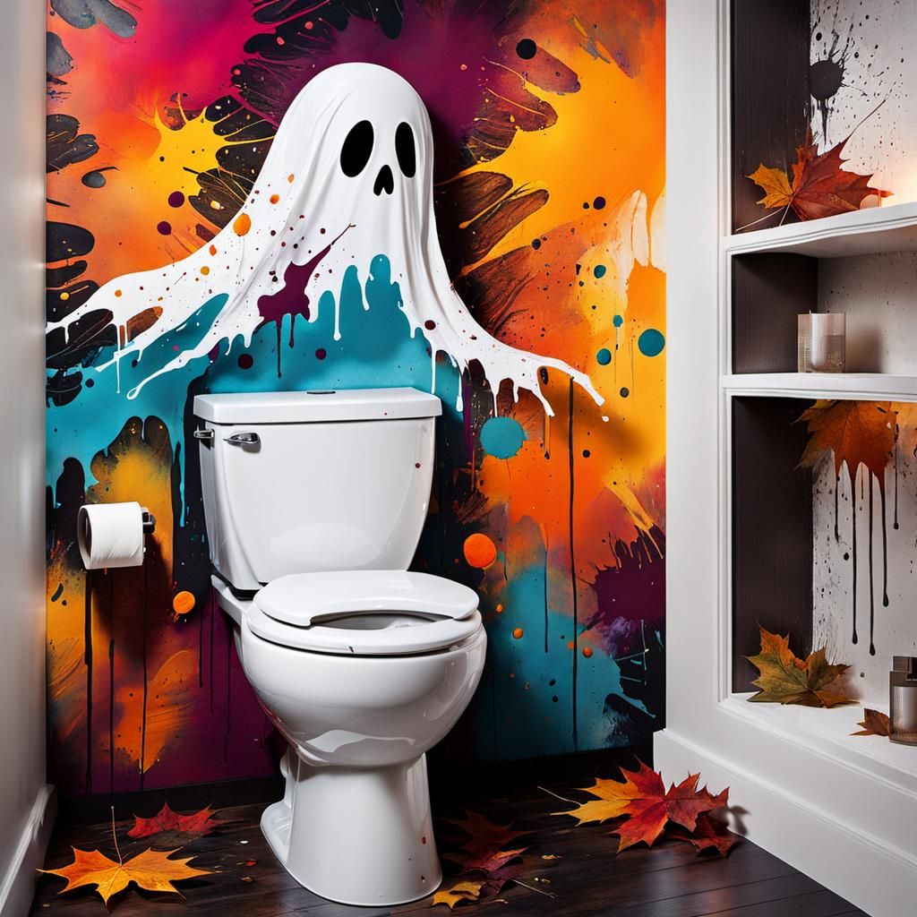 Ethereal Ghost Emerges in Autumn Bathroom, Ink Splatter Art