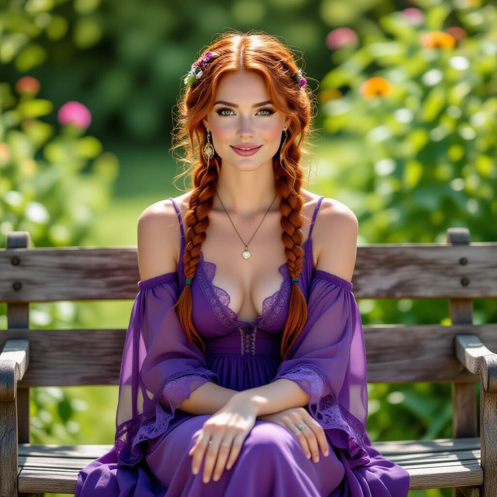 A lovely woman seated on a rustic wooden bench in a lush garden, red braided hair cascading down, green eyes sparkling, ...