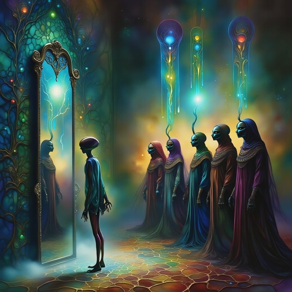 Surreal Encounter with an Alien Oracle in Whimsical Architec...