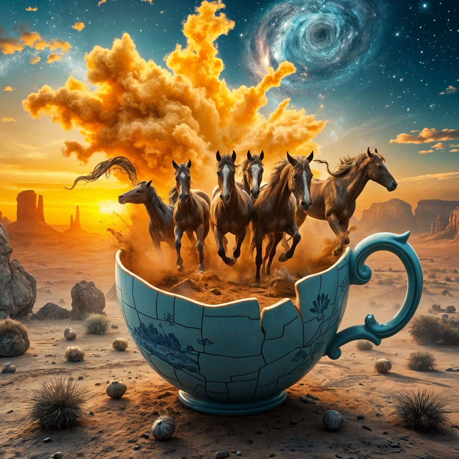 Horses Leap from Teacup in Surreal Desert Scene