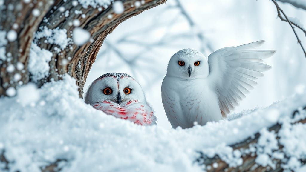 Cute Fluffy Owls in Snowy Tree Hollow