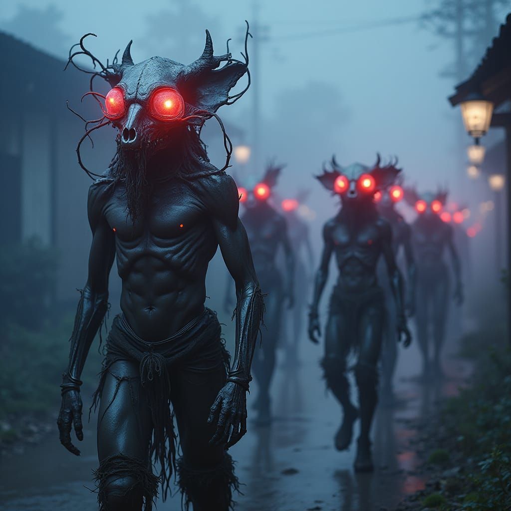 Grotesque Beings Parade on Neon Street in Cinematic Style