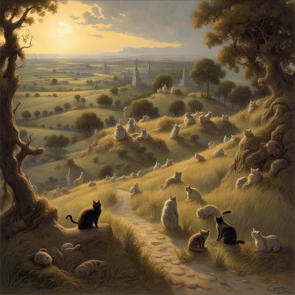 Picturesque Cat Countryside in Dark Romanticism Style