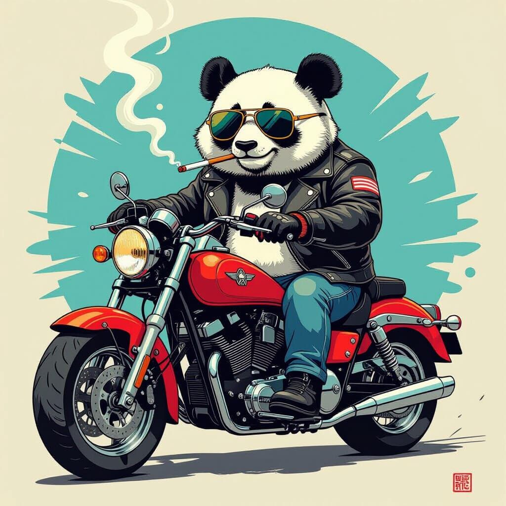Panda on Motorcycle: Stylized Illustration