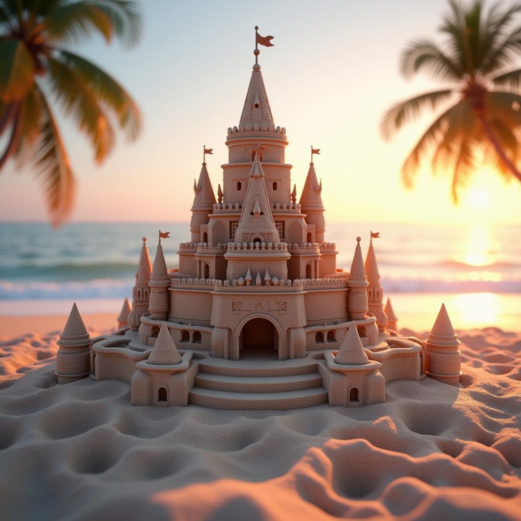 Hyperrealistic Sand Castle at Dusk: 3D Anime Art
