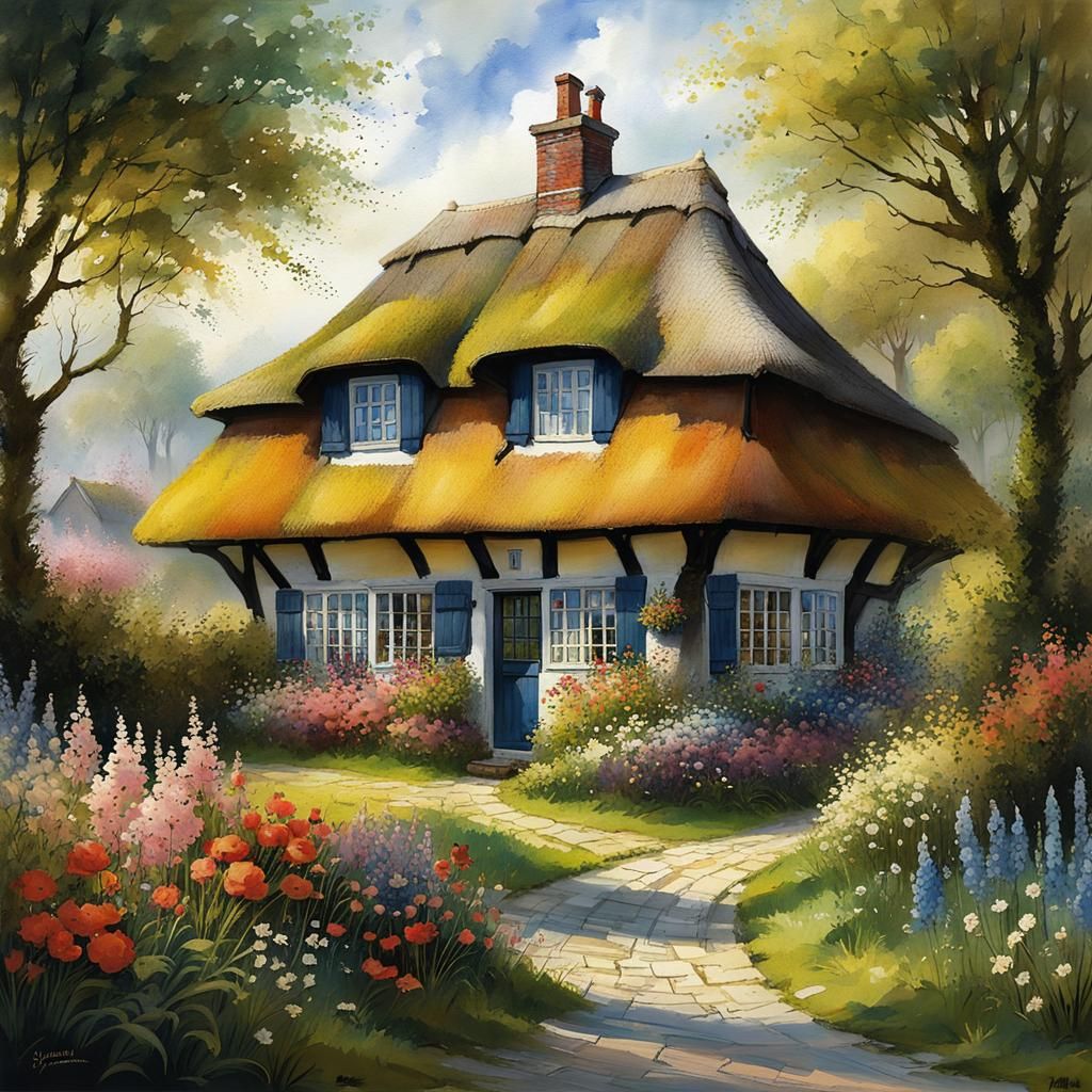 Cozy Thatched House with Spring Garden, Detailed Painting