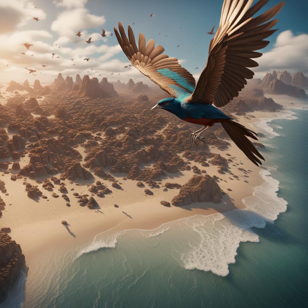 cinematic scene - high angle shot: a bird flies over the bea...