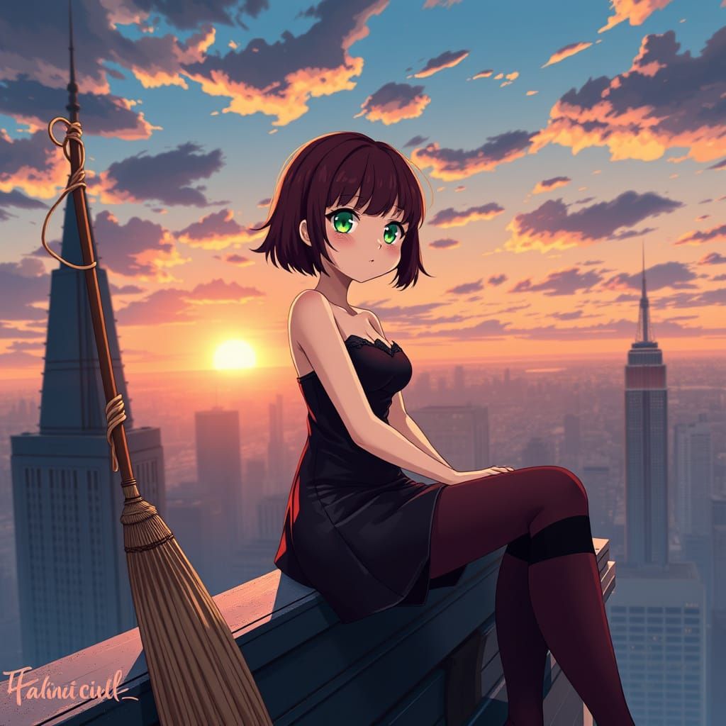 Anime Woman on Skyscraper Roof at Sunrise