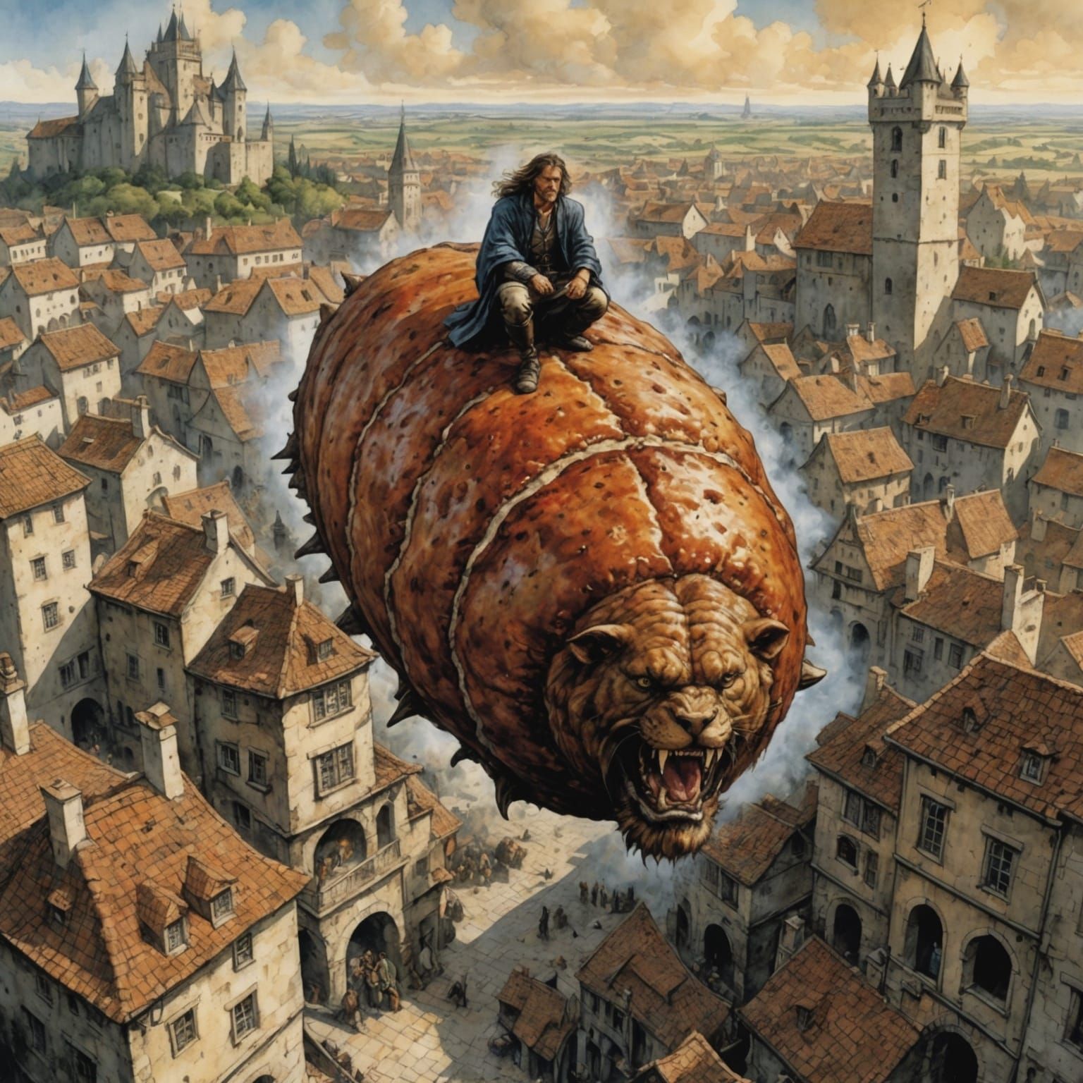 Gargantuan Meatloaf Rolls Over Medieval Town