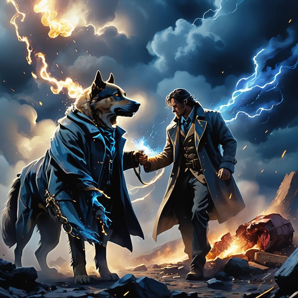 Warrior Feeds Canine in Mystical, Glowing Landscape