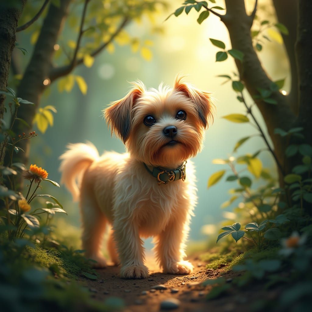 Dog in Art Nouveau Grove, Ethereal Sunlight