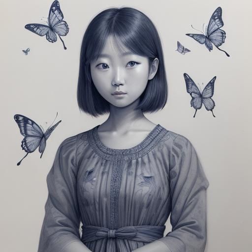 South Korean Girl in Butterfly Dress: Charcoal Drawing