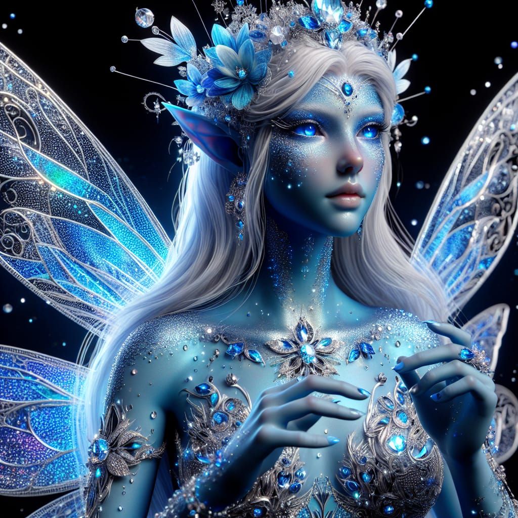 Celestial Blue Fairy with Silver Filigree Wings