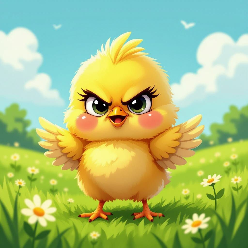 Grumpy Cartoon Chick in Grassy Field