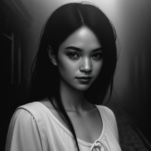 High-Contrast Portrait of Woman in Foggy Alleyway