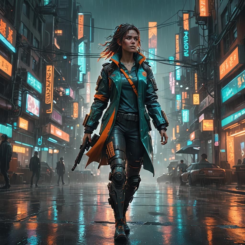 Cyberpunk Cityscape Heroine in Splash Art Style