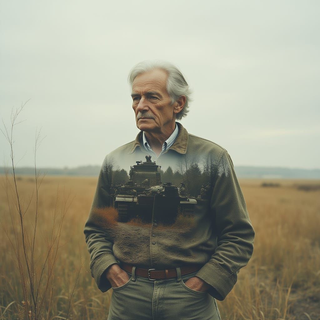 Elderly Man Double Exposed with WWII Battle Scene