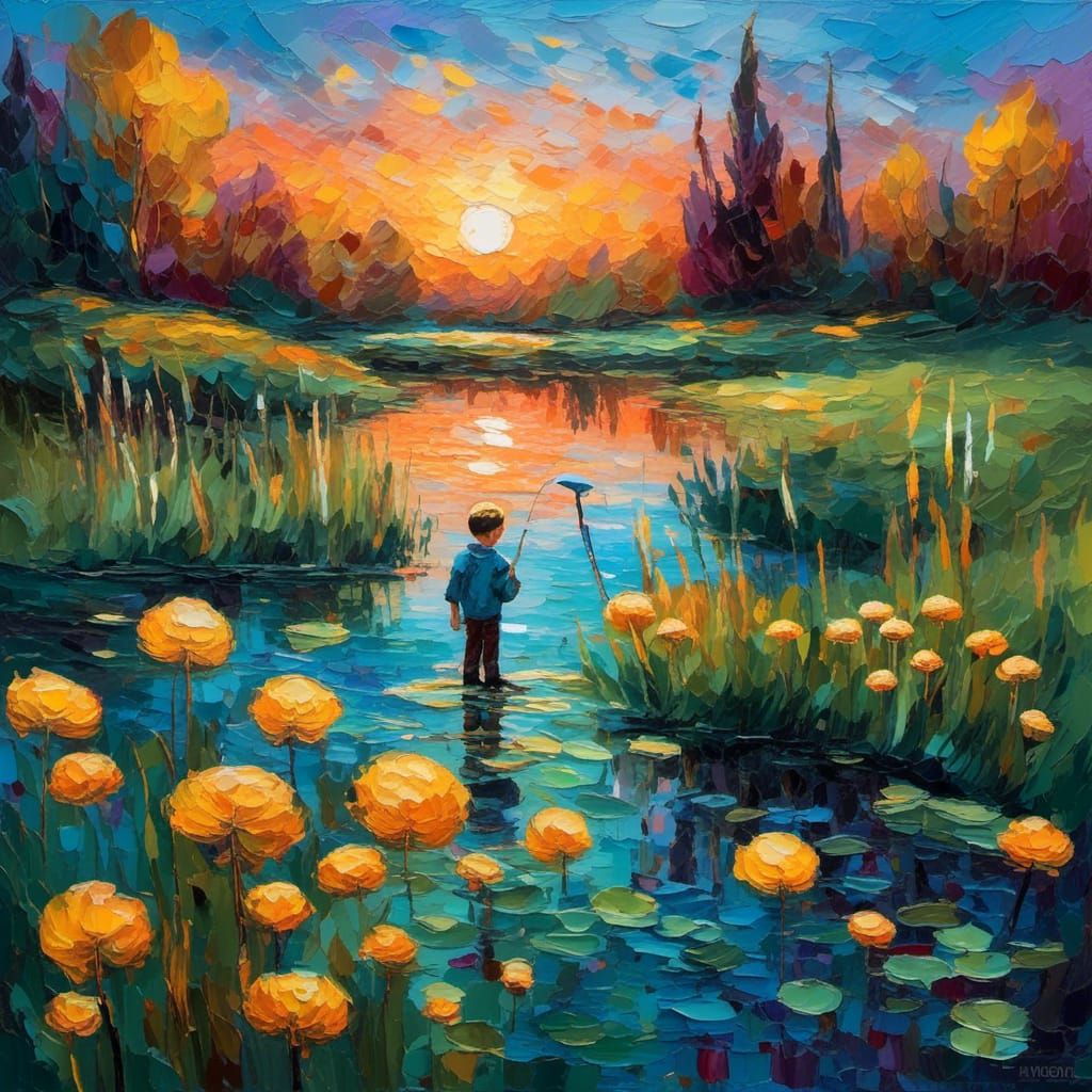 Whimsical Garden Scene with Boy Fishing as Impasto Painting