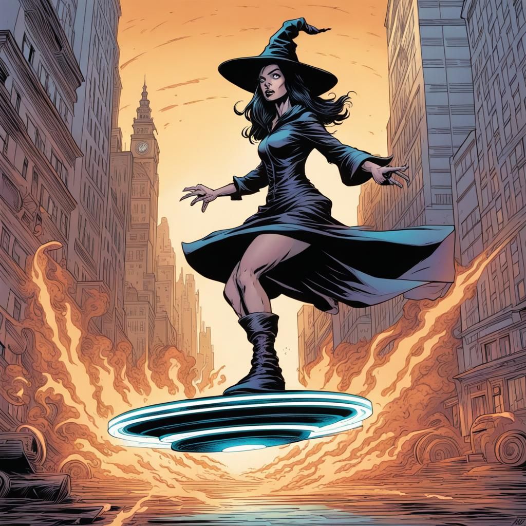 Witch on Hoverboard in Comic Book Style